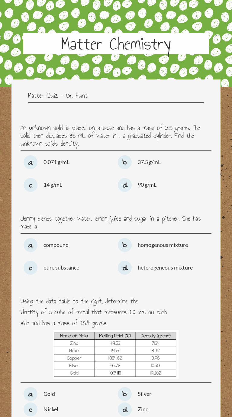 Matter Chemistry Worksheet Chemistry Worksheets Chemistry Learning 