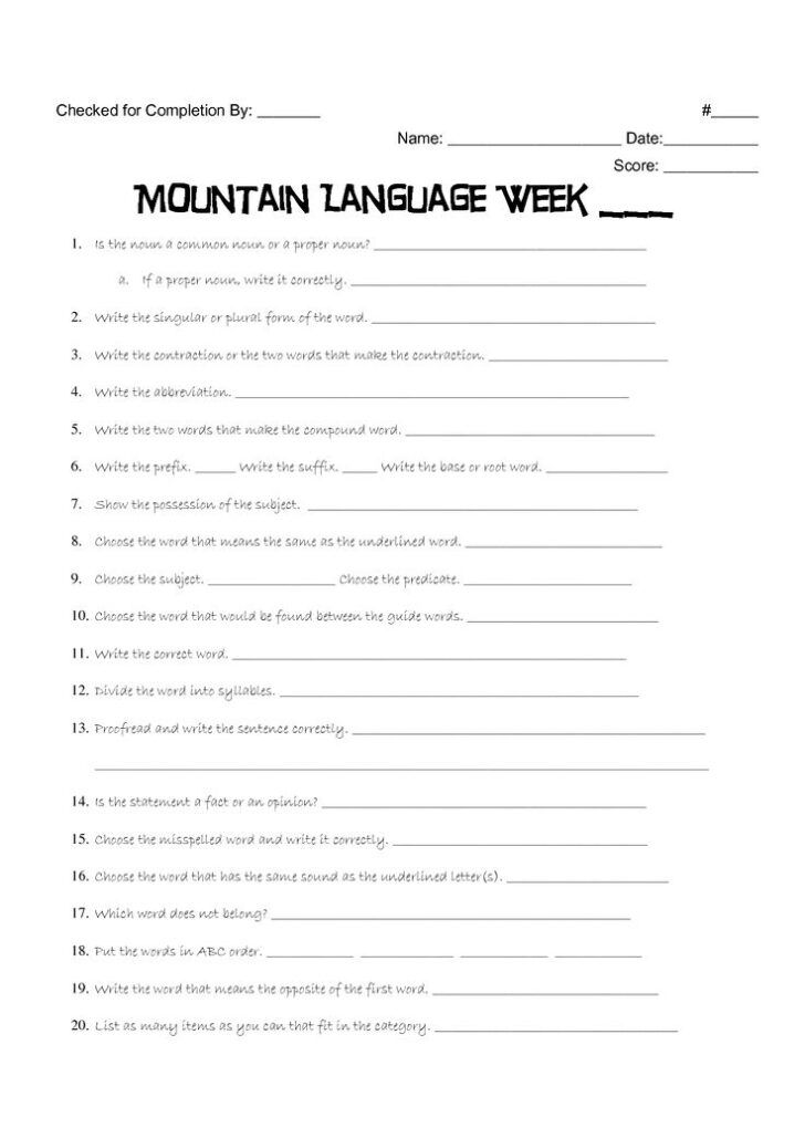 Mountain Language Worksheet