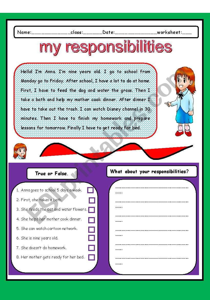 My Responsibilities ESL Worksheet By Thuyhadtd04