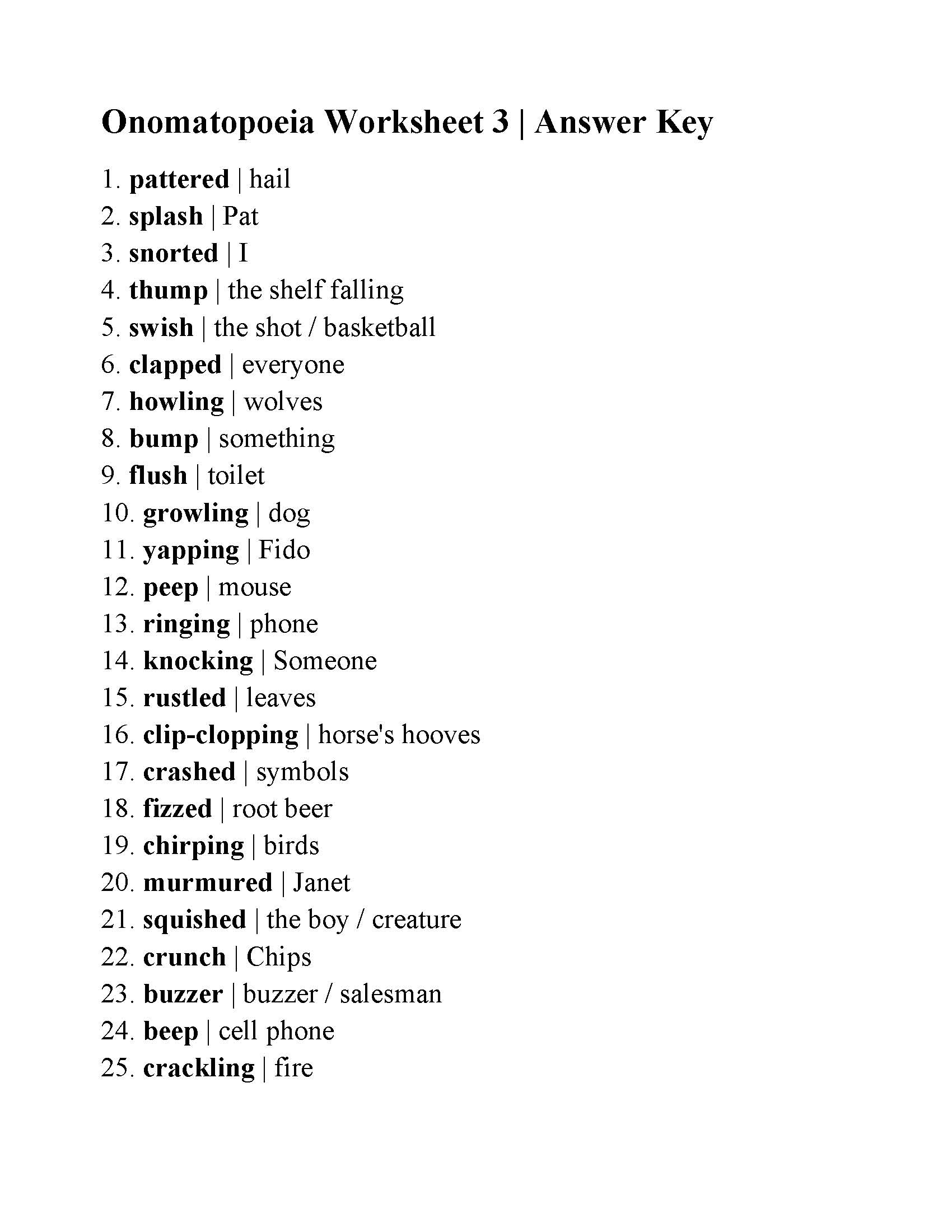 Onomatopoeia Worksheet 3 Answers