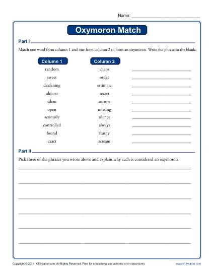 Oxymoron Match Figurative Language Worksheets