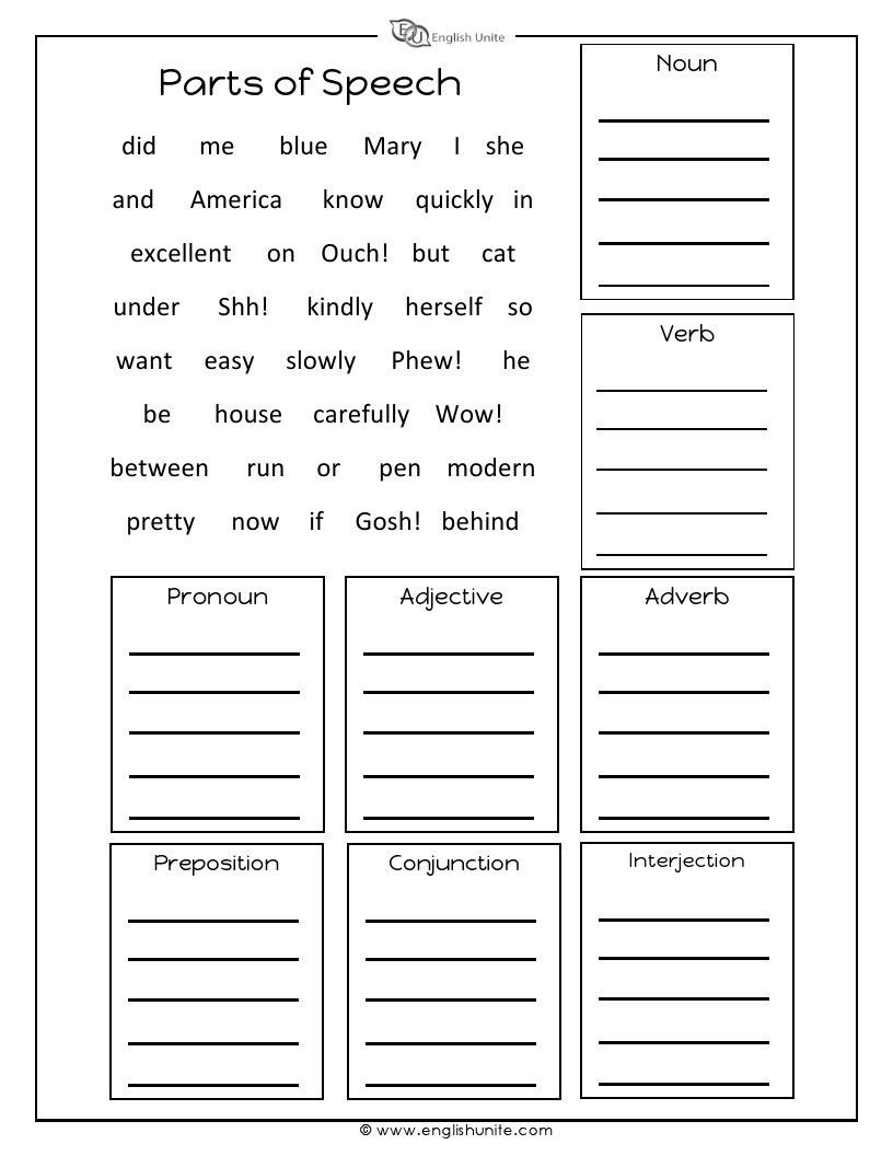 Parts Of Speech Worksheet English Unite Parts Of Speech Worksheets 