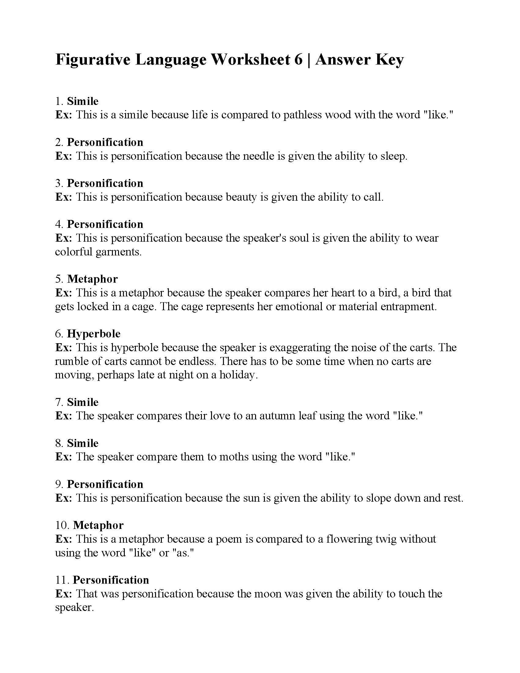 Personification Worksheets 6th Grade Figurative Language Worksheet 6 
