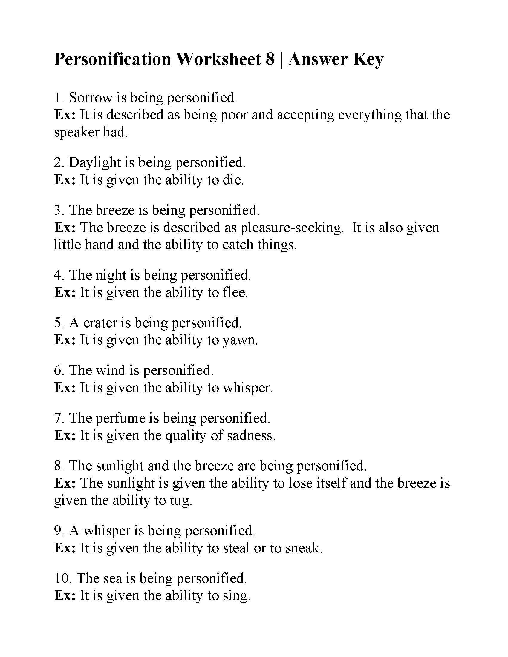 Personification Worksheets Answers Personification Worksheet 8