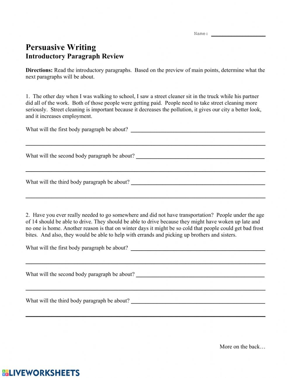 Persuasive Interactive Worksheet