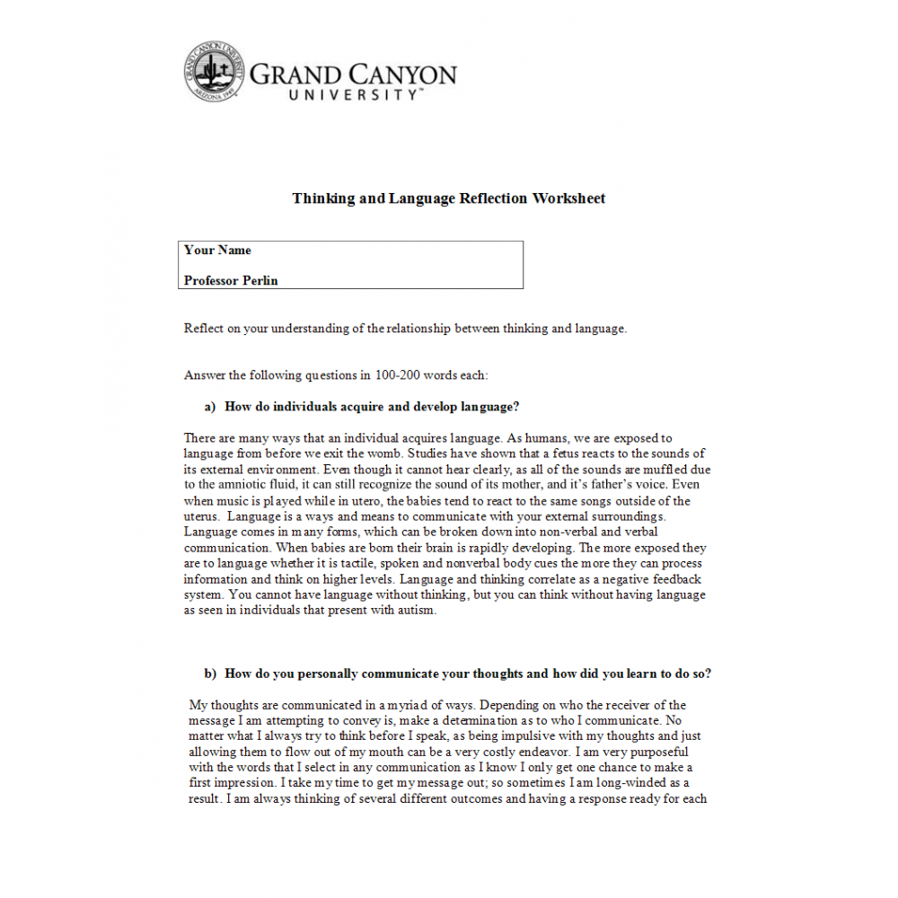 Thinking And Language Reflection Worksheet Language Worksheets