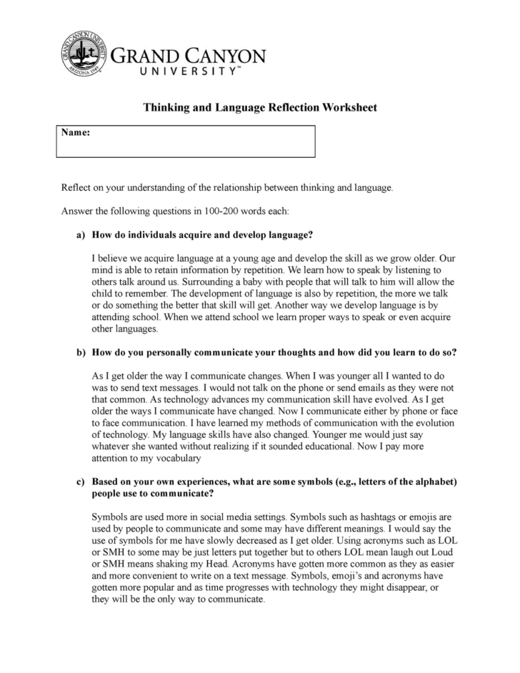 Thinking And Language Reflection Worksheet