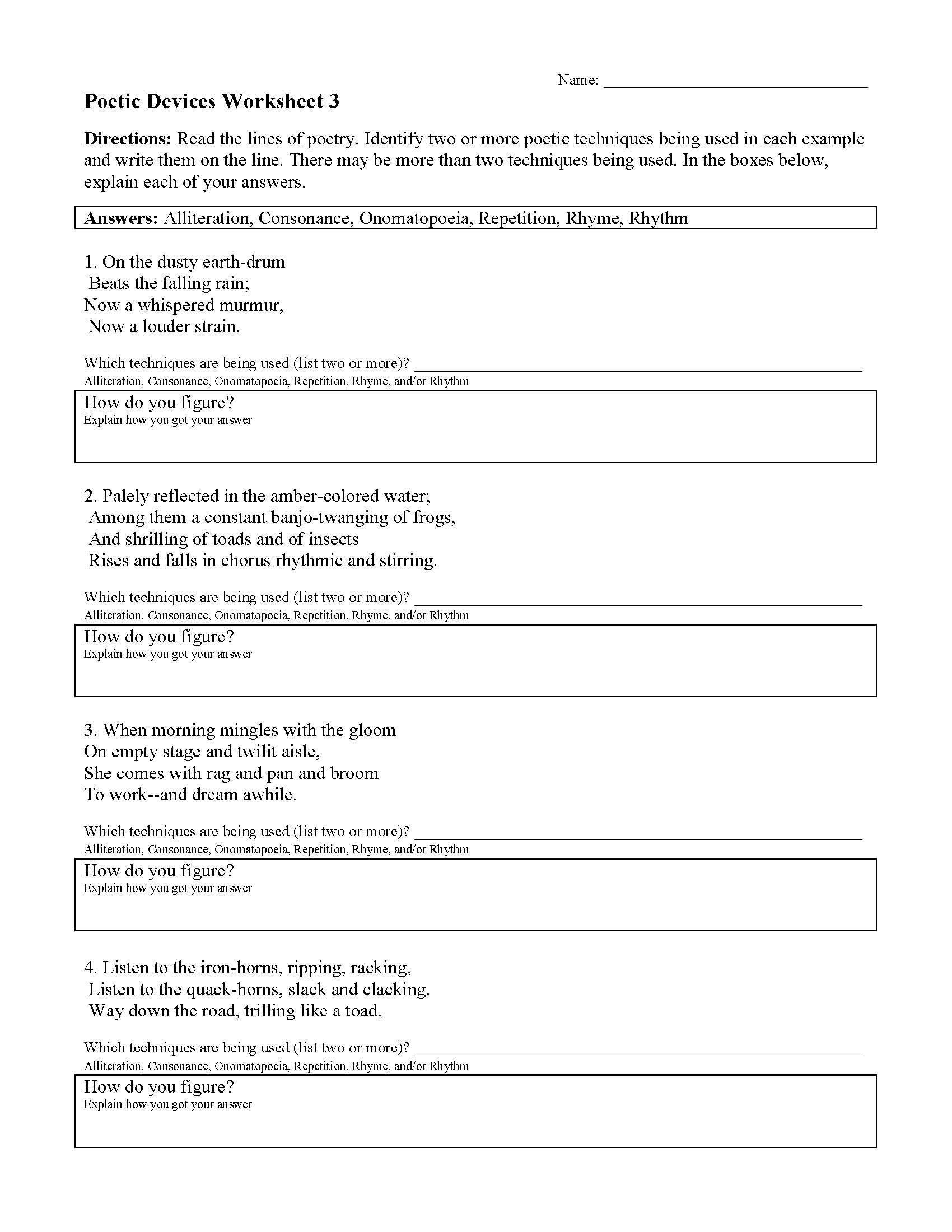 Poetic Devices Worksheet 1 Answers Worksheet