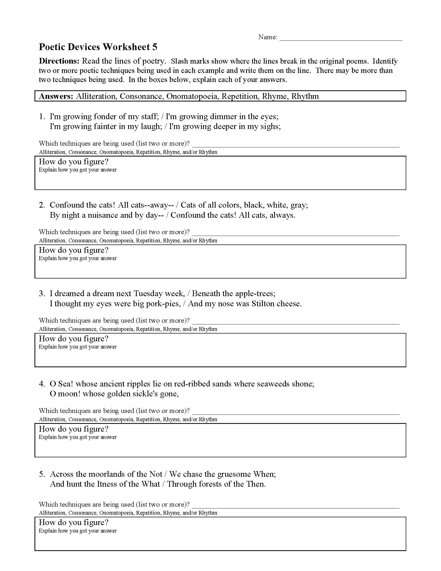 Figurative Language And Poetic Devices Worksheet Language Worksheets