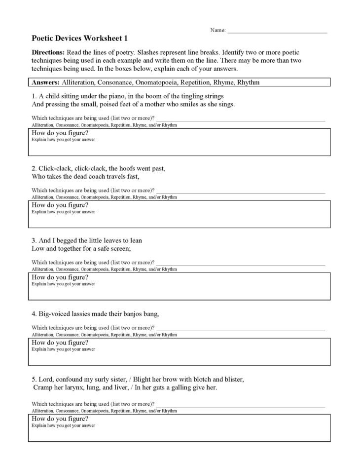 Figurative Language And Poetic Devices Worksheet
