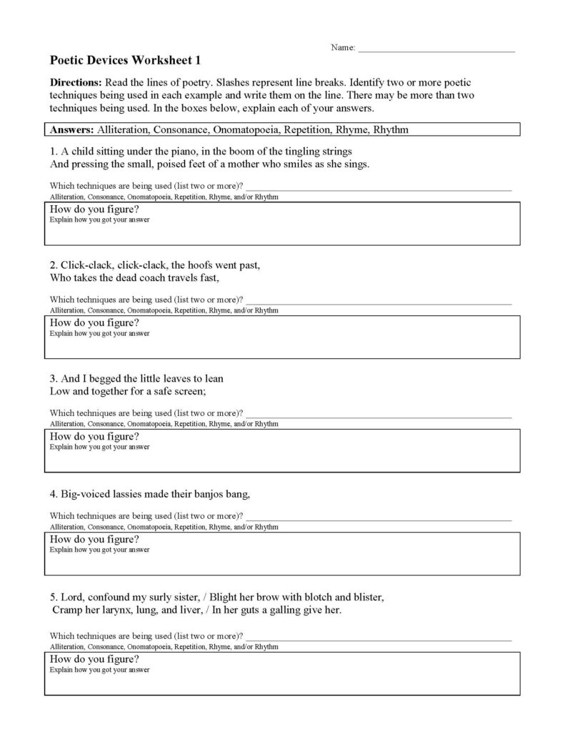 Figurative Language And Poetic Devices Worksheet | Language Worksheets
