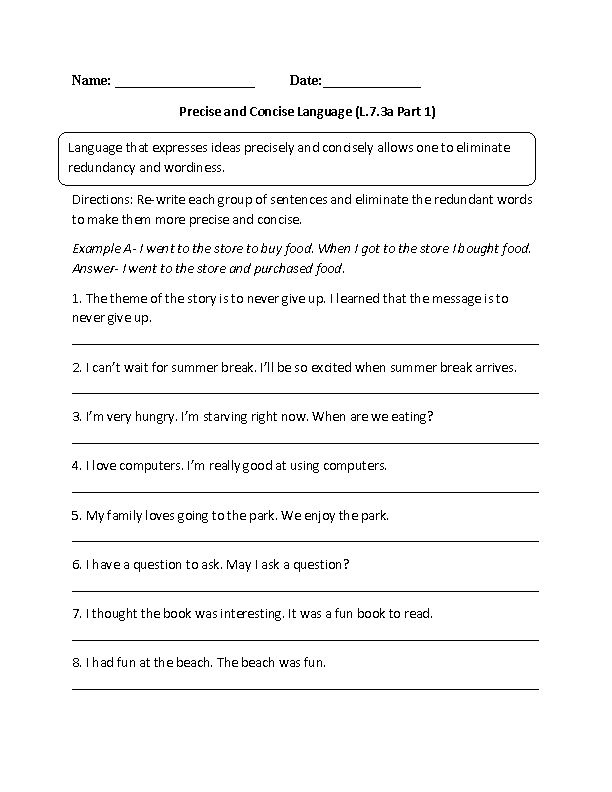 Precise And Concise Words L 7 3a Language Worksheet Language Arts 