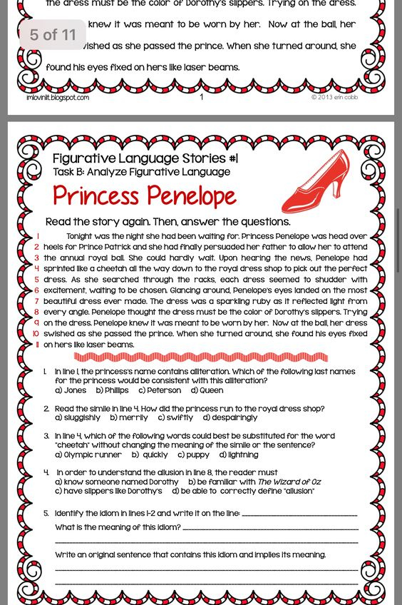 Princess Penelope Figurative Language Worksheet Answer Key