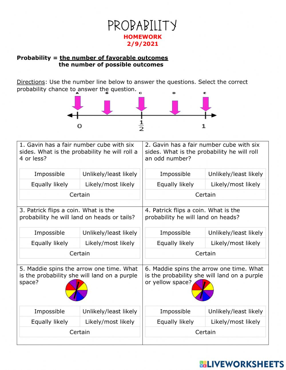 Probability Chances Worksheet