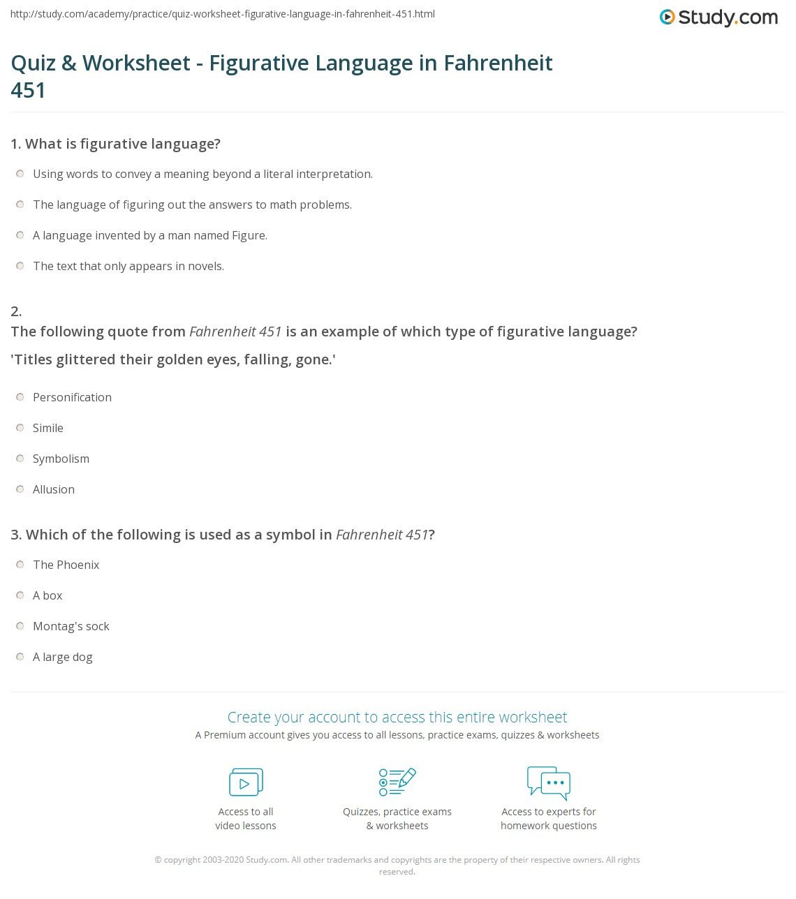 Quiz Worksheet Figurative Language In Fahrenheit 451 Study