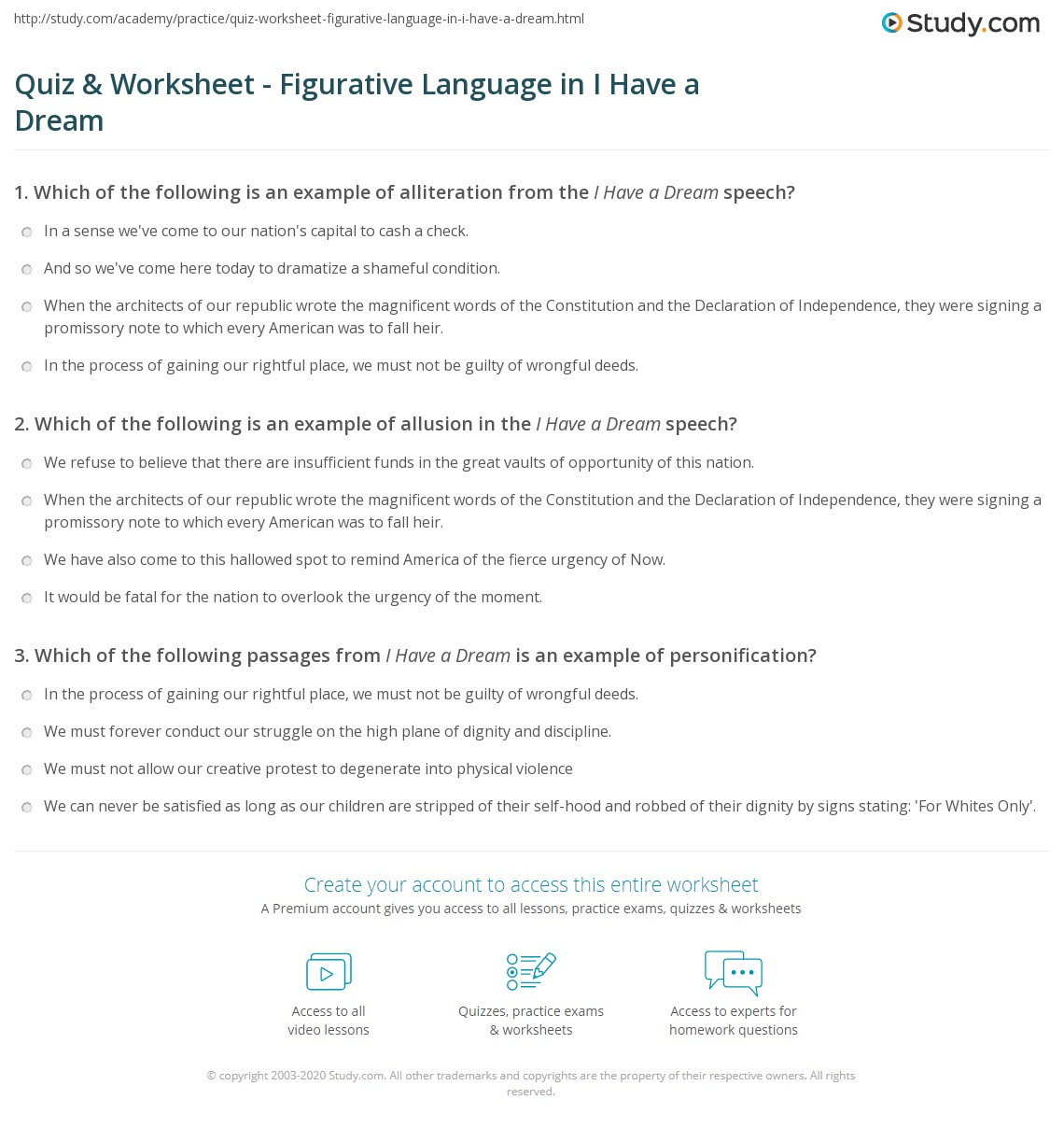 Quiz Worksheet Figurative Language In I Have A Dream Study