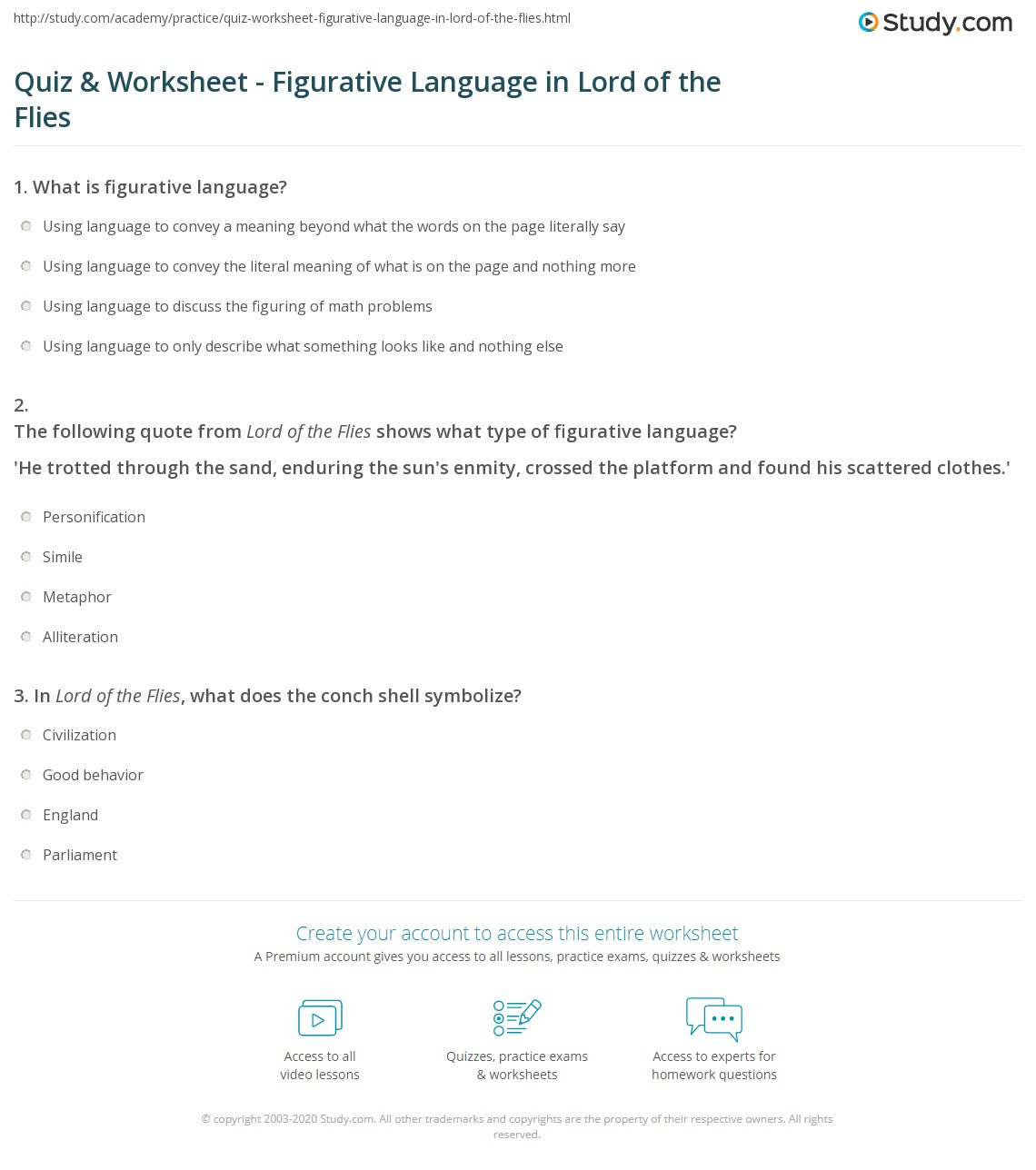 Quiz Worksheet Figurative Language In Lord Of The Flies Study