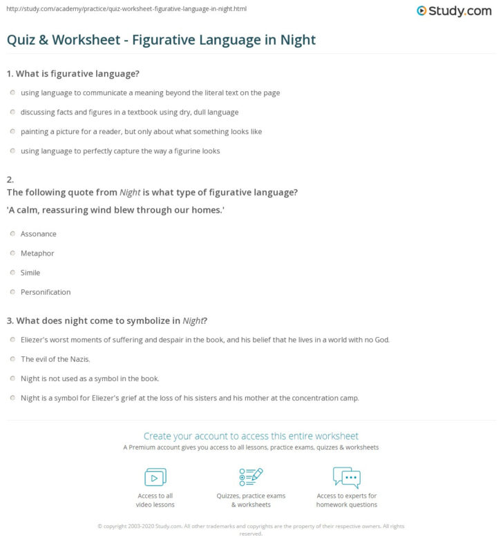 Night Figurative Language Worksheet Answer Key