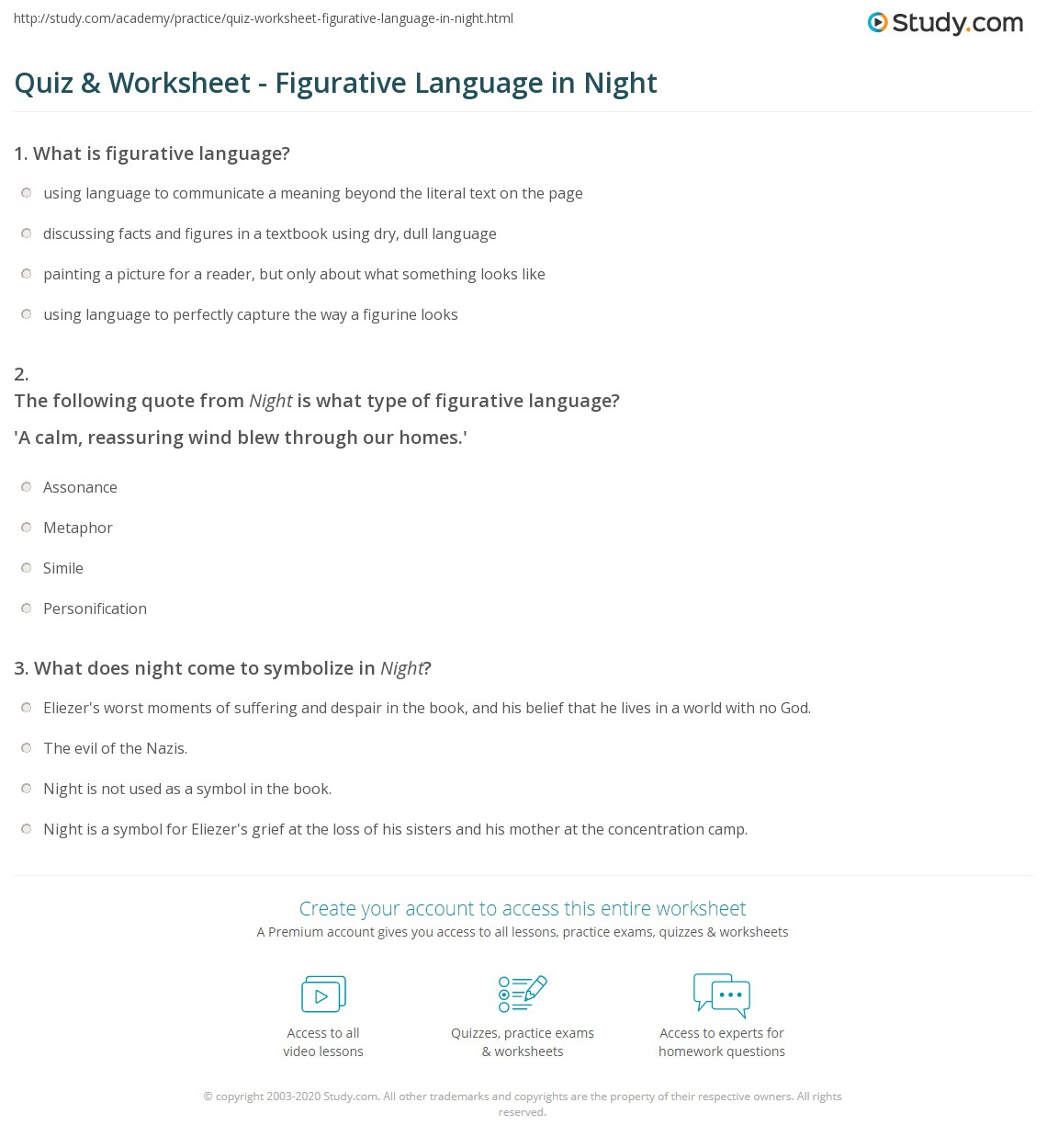 Quiz Worksheet Figurative Language In Night Study