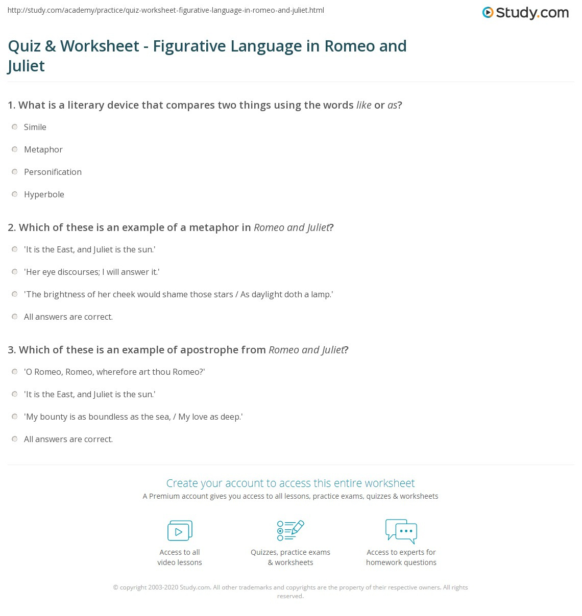 Quiz Worksheet Figurative Language In Romeo And Juliet Study