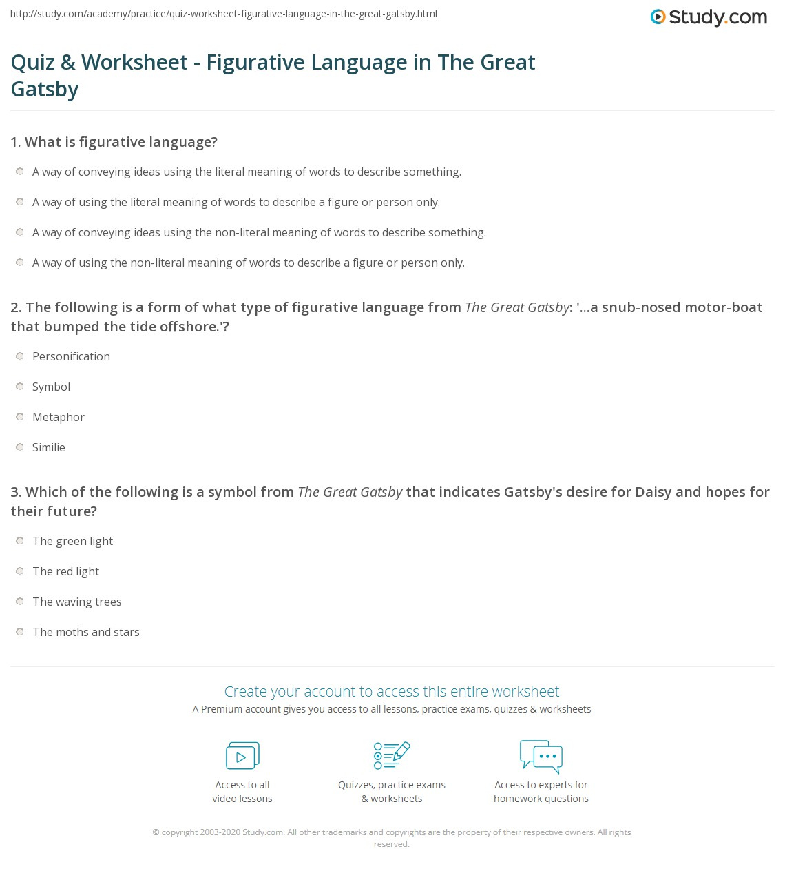 Quiz Worksheet Figurative Language In The Great Gatsby Study