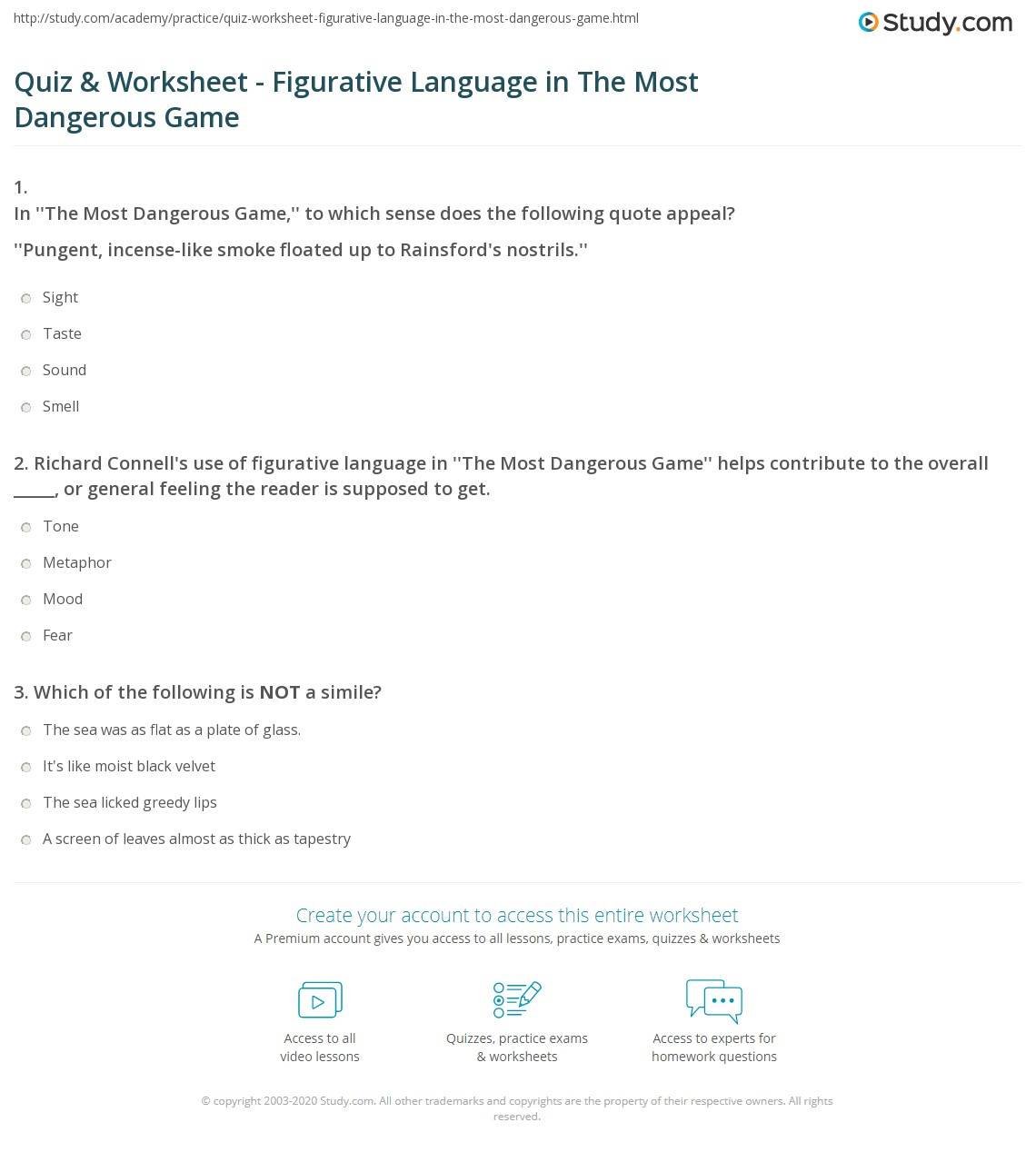 Quiz Worksheet Figurative Language In The Most Dangerous Game 