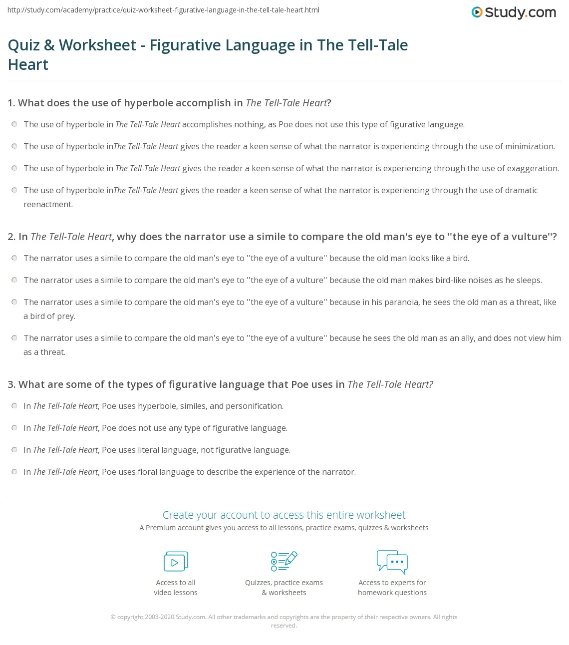 Quiz Worksheet Figurative Language In The Tell Tale Heart Study