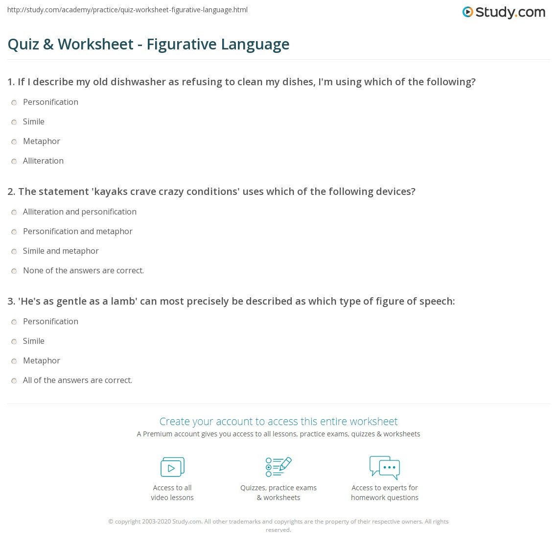 Quiz Worksheet Figurative Language Study