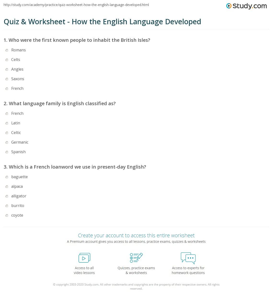 Quiz Worksheet How The English Language Developed Study