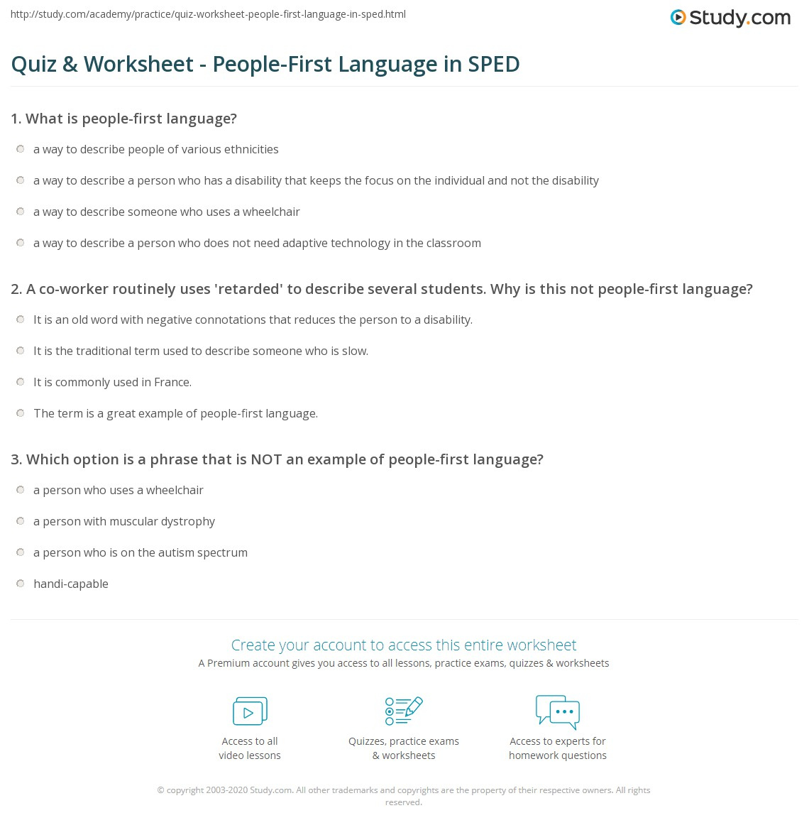 Quiz Worksheet People First Language In SPED Study