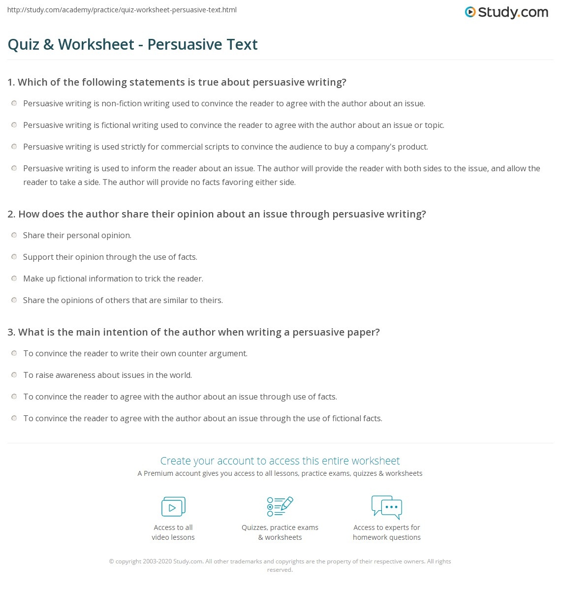 Quiz Worksheet Persuasive Text Study