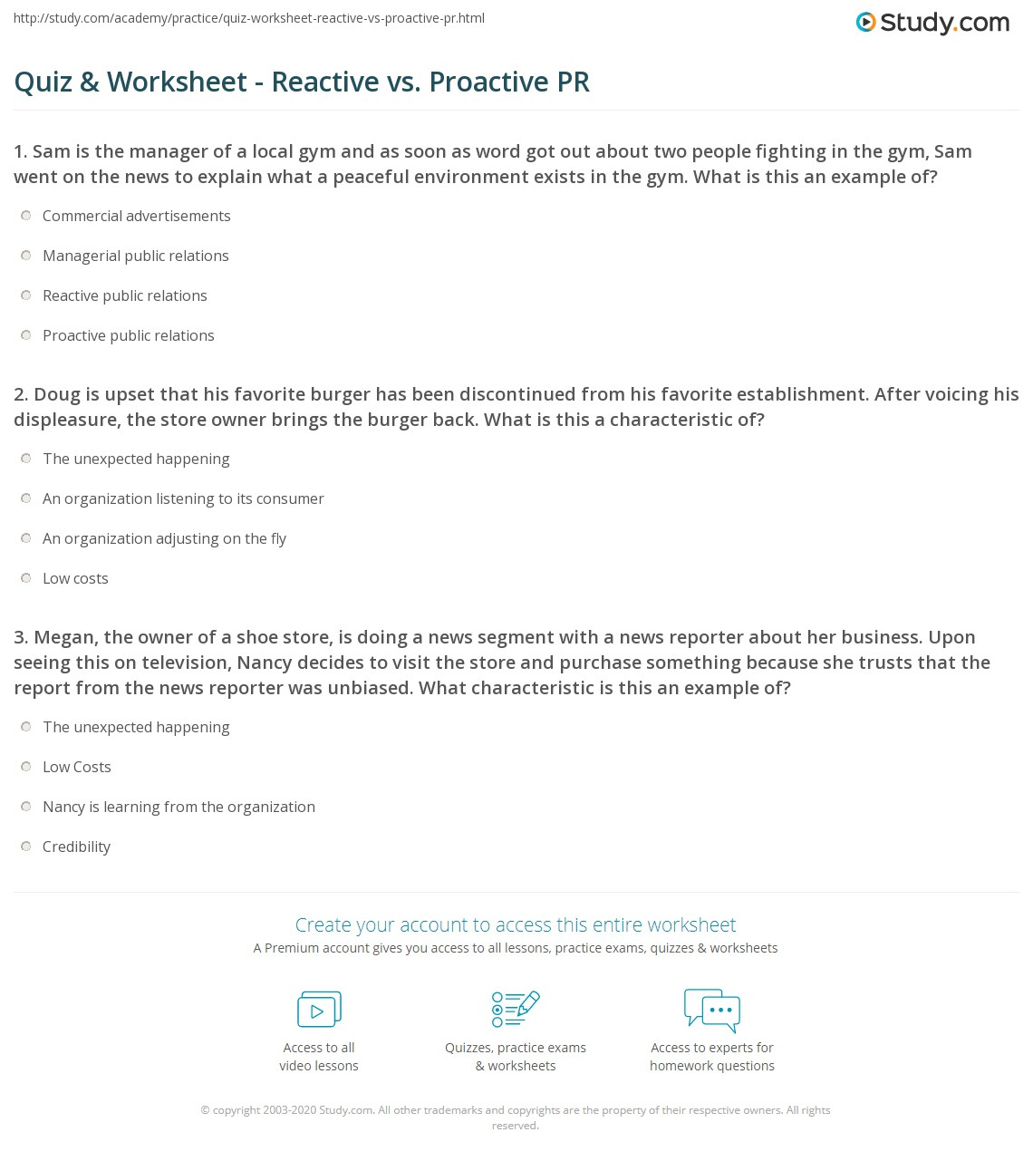 Quiz Worksheet Reactive Vs Proactive PR Study