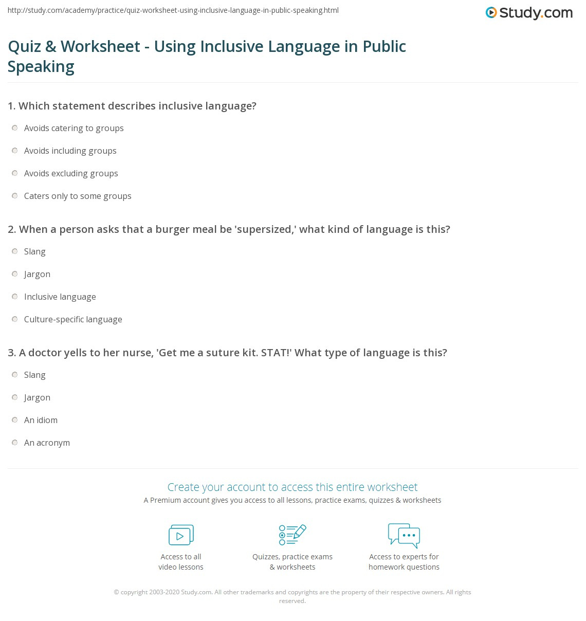 Quiz Worksheet Using Inclusive Language In Public Speaking Study