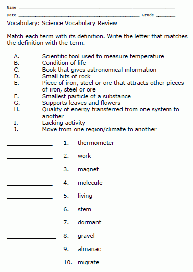 Science Vocabulary Review Science Worksheet Sample