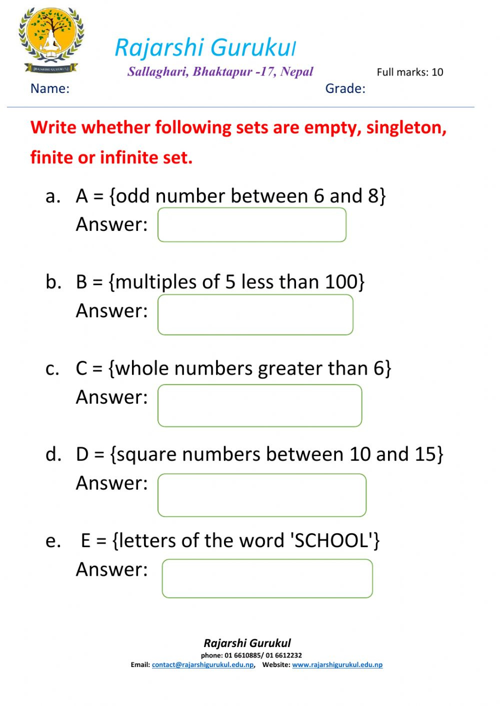 Sets Worksheet