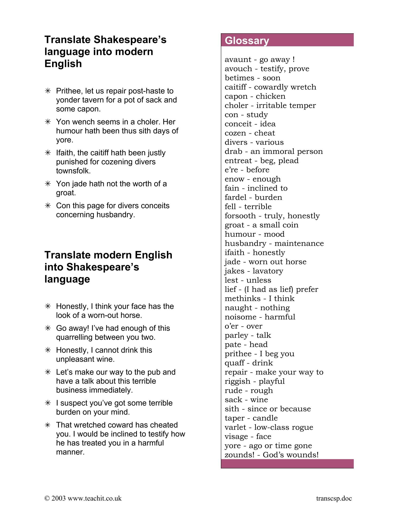Shakespeare s Language Language Worksheets History Worksheets 