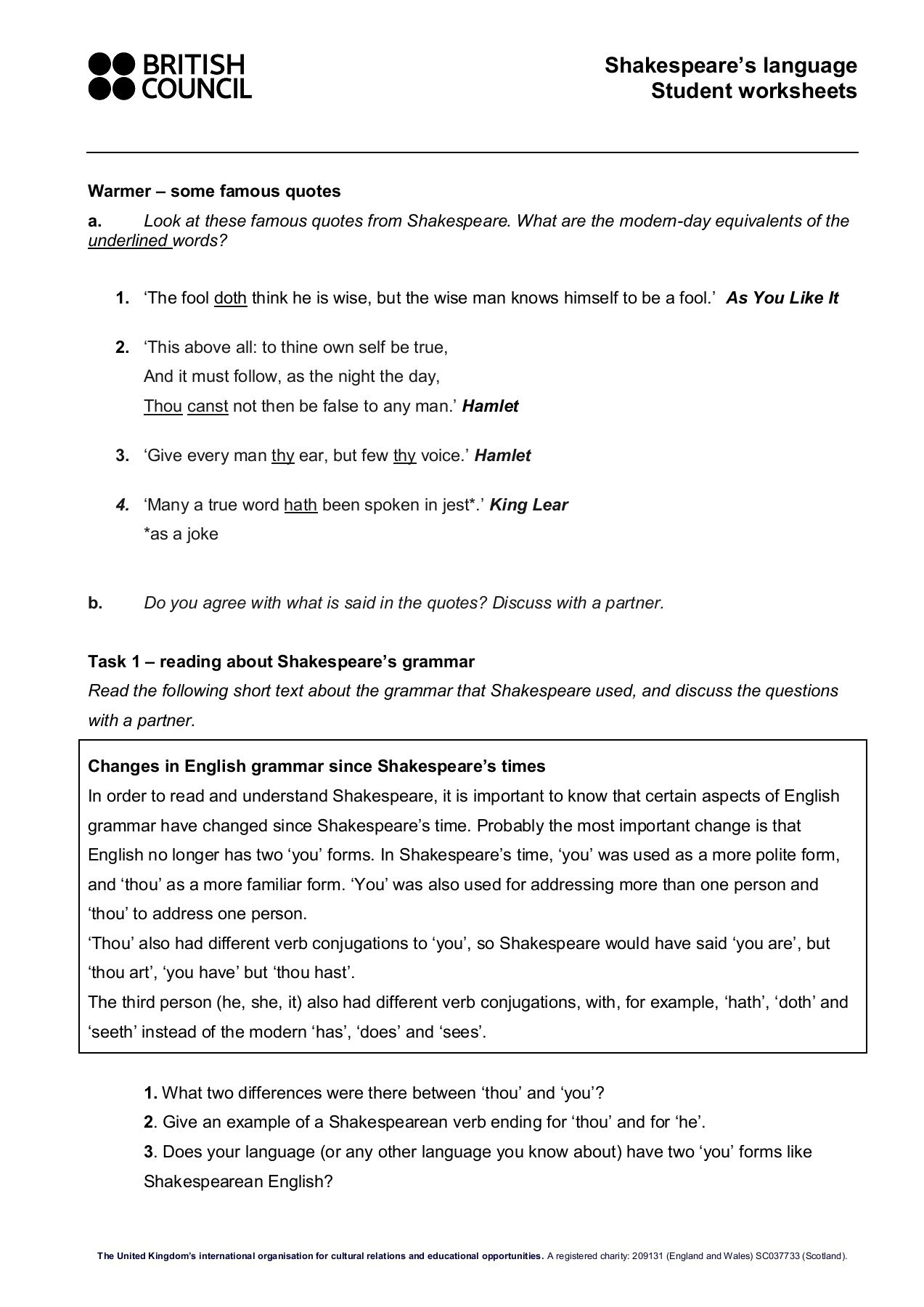 Shakespeare s Language Student Worksheets Pages 1 4 Text Db excel