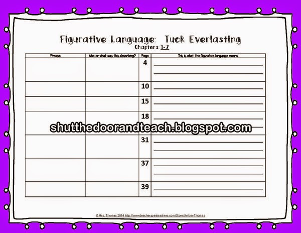 Tuck Everlasting Figurative Language Worksheet