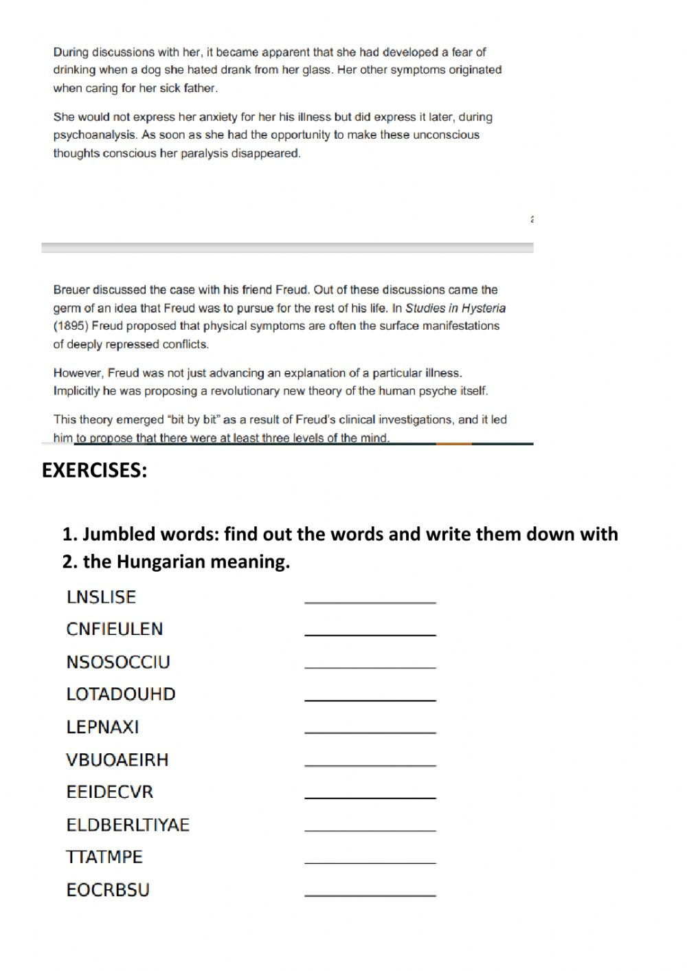 Sigmund Freud Worksheet