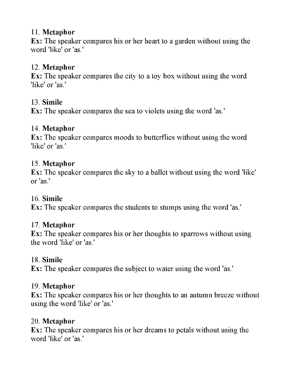 Simile And Metaphor Worksheet 3 Answers Similes And Metaphors 