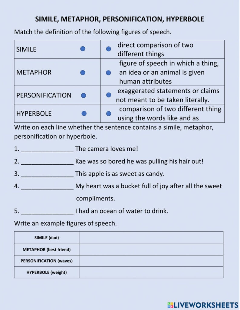 Simile Metaphor Personification And Hyperbole Worksheet Language Worksheets
