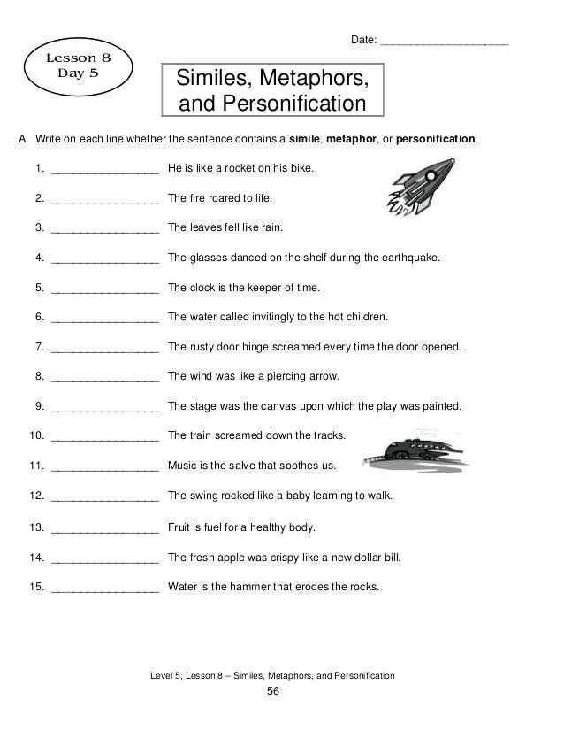 Simile Metaphor Personification Worksheet Metaphor Simile 