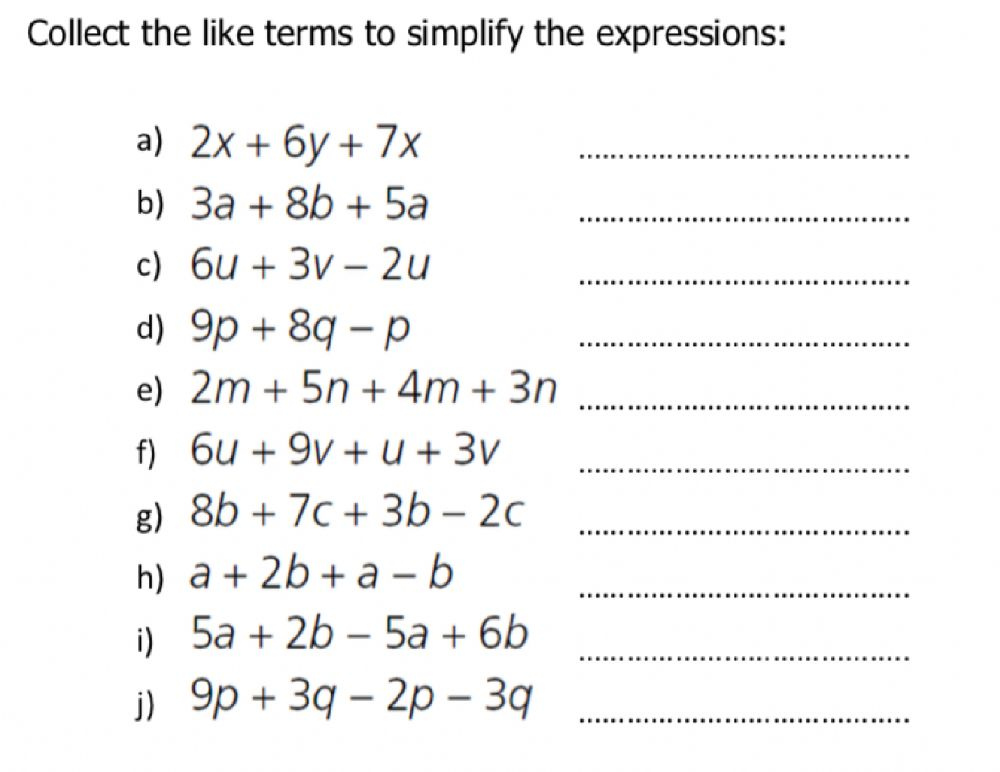 Simplify Algebraic Expressions By Collecting Like Terms Worksheet