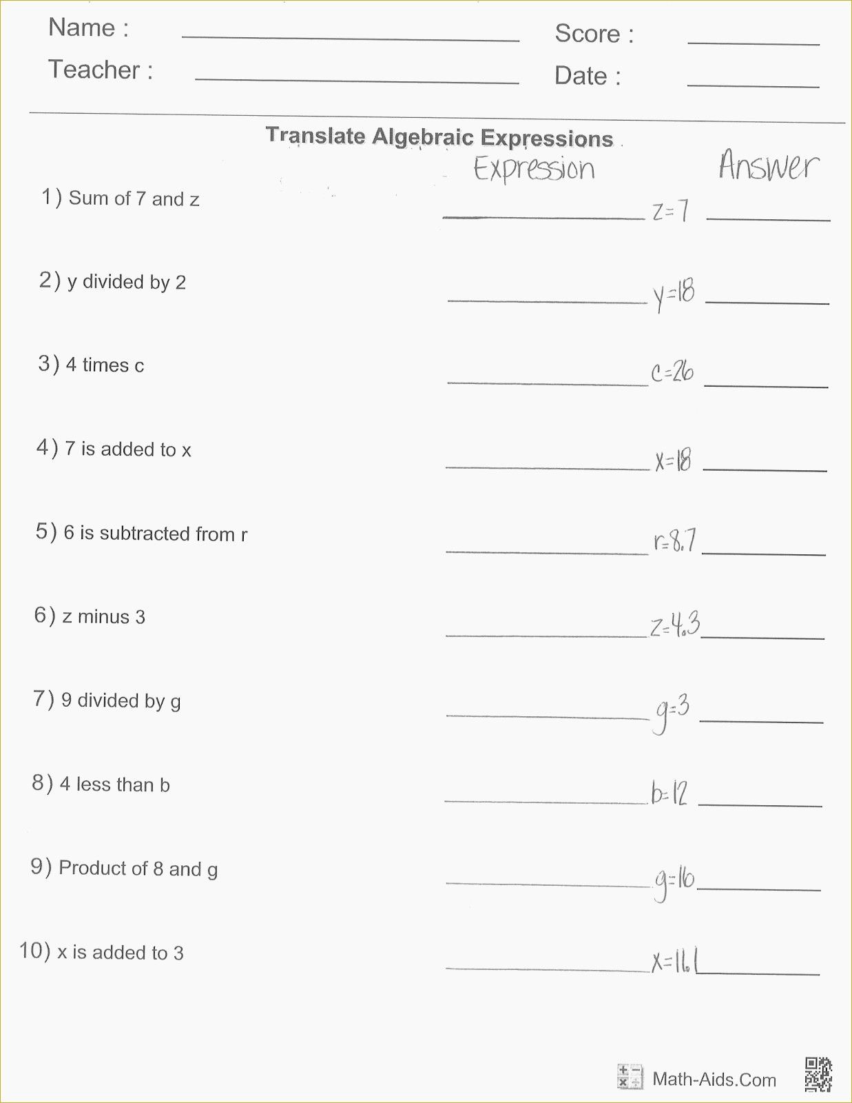 Simplifying Algebraic Expressions Worksheet Answers