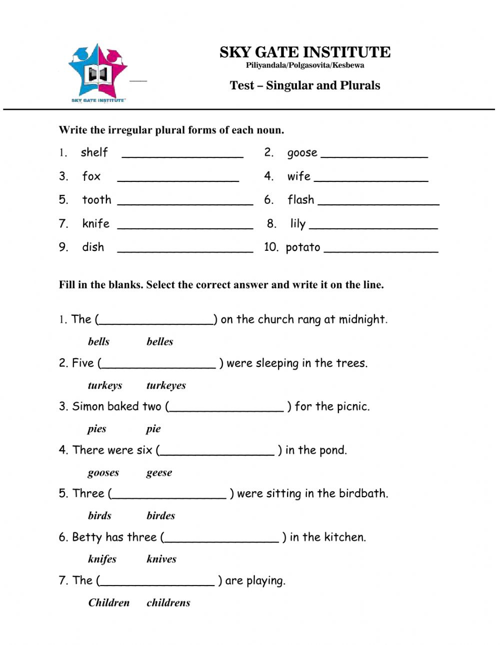 Singular And Plural Free Online Worksheet