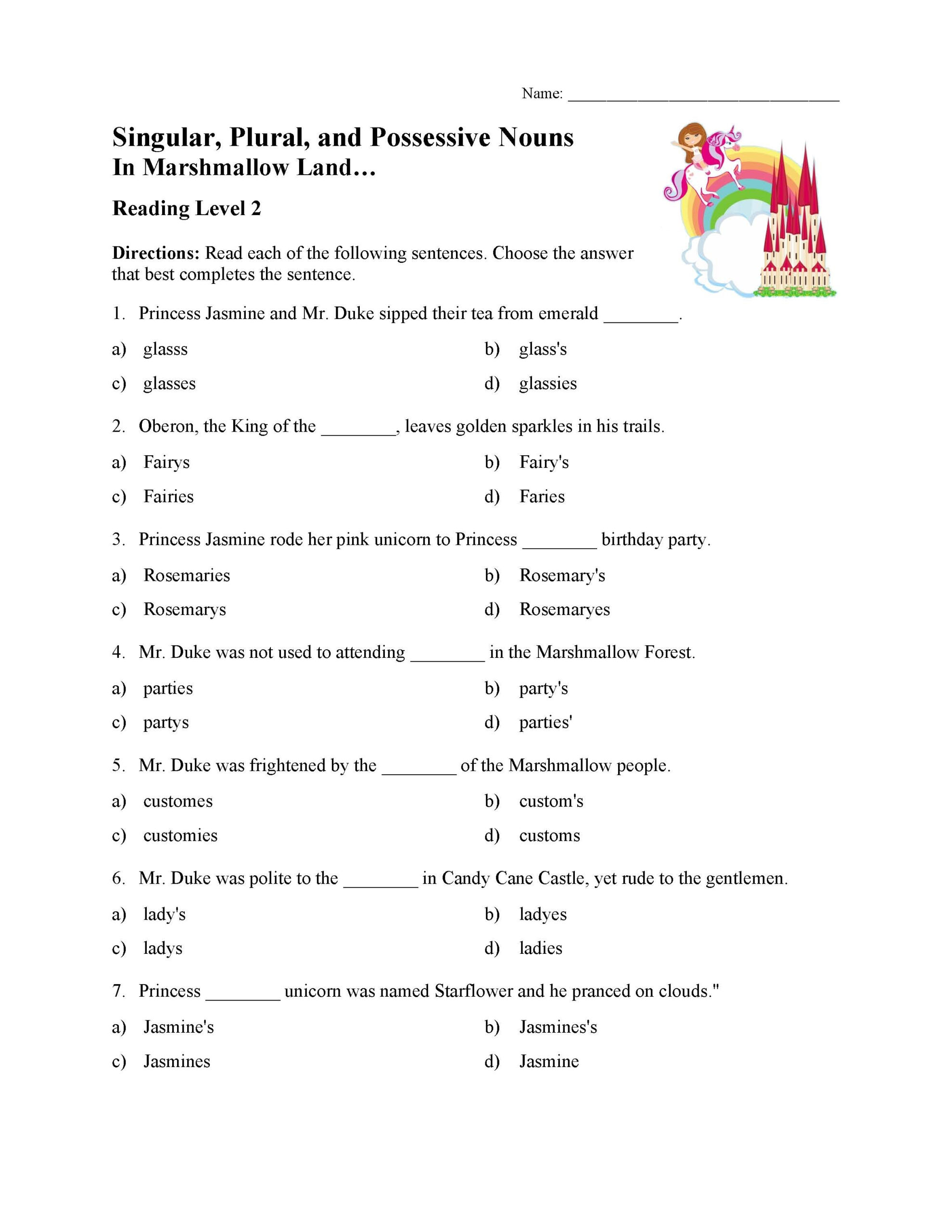 Singular Plural And Possessive Nouns Test 1 Reading Level 2 Preview