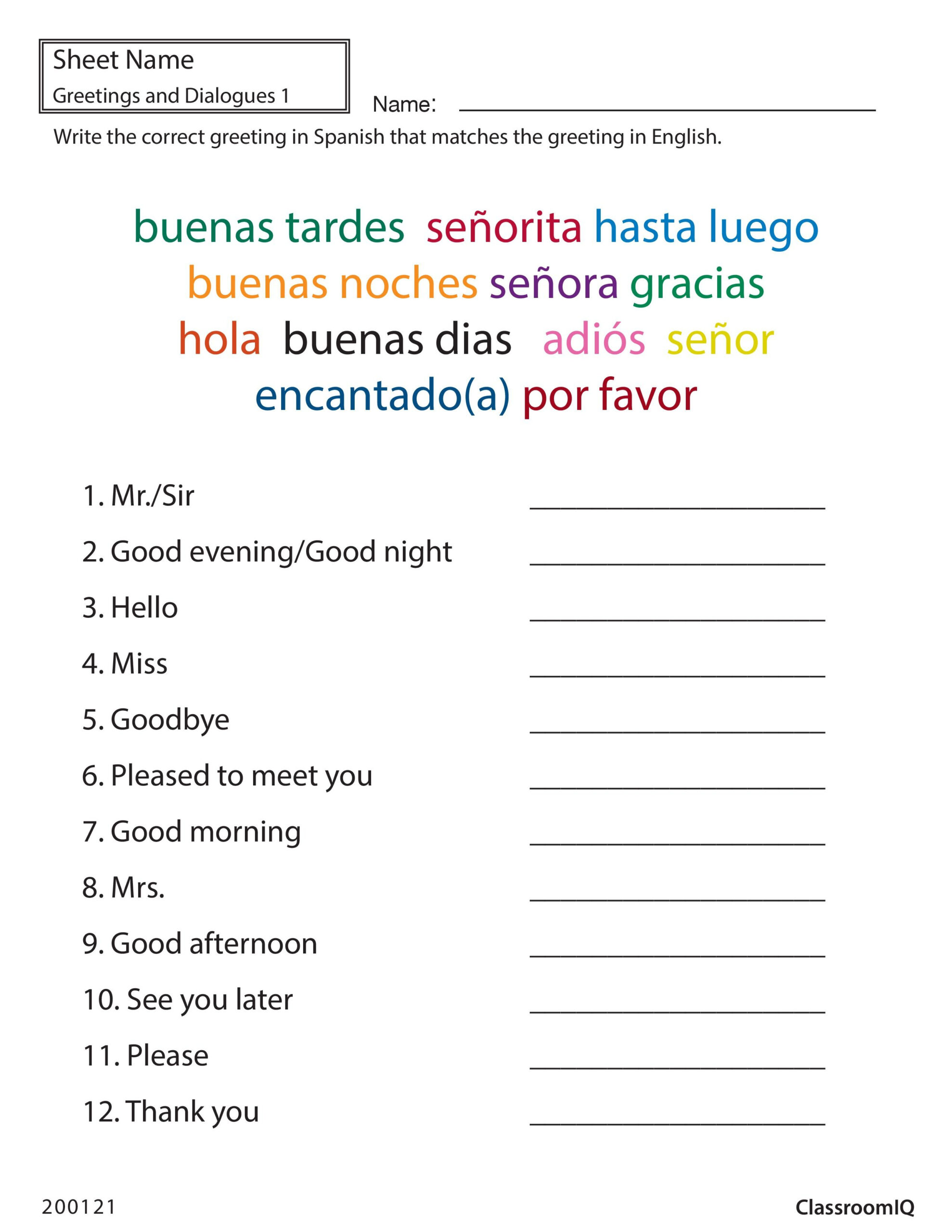 Spanish Greetings Matching classroomiq spanishworksheets newteachers 
