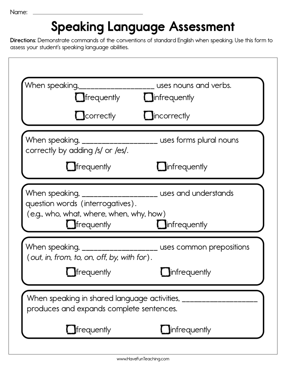 Speaking Language Assessment Worksheet Have Fun Teaching