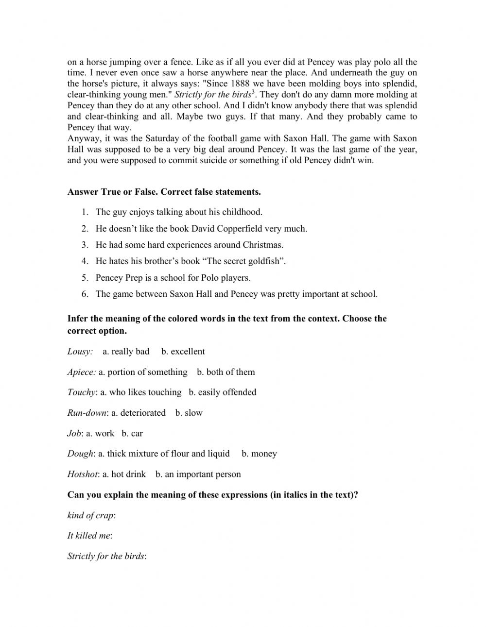 The Catcher In The Rye Worksheet