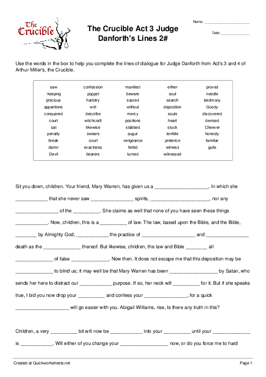 The Crucible Figurative Language Act 1 Worksheet Answers Language Worksheets